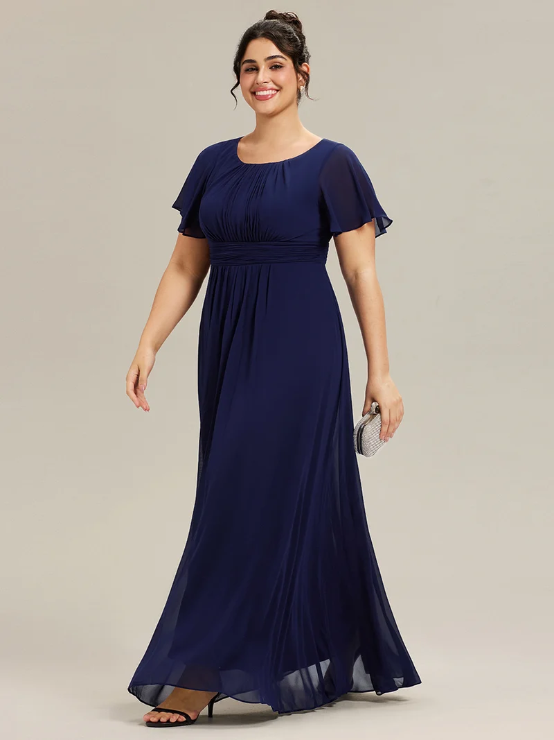 Robe demoiselle d'honneur en mousseline simple plissée de grande taille encolure ronde
