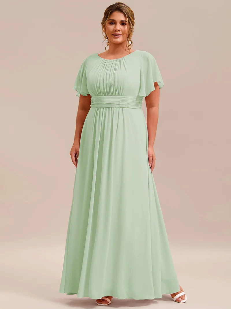 Robe demoiselle d'honneur en mousseline simple plissée de grande taille encolure ronde
