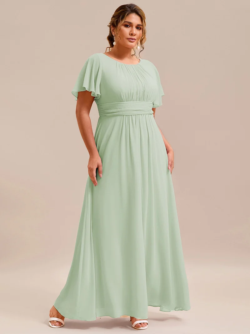 Robe demoiselle d'honneur en mousseline simple plissée de grande taille encolure ronde