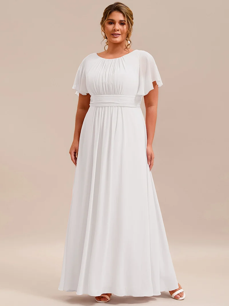 Robe demoiselle d'honneur en mousseline simple plissée de grande taille encolure ronde