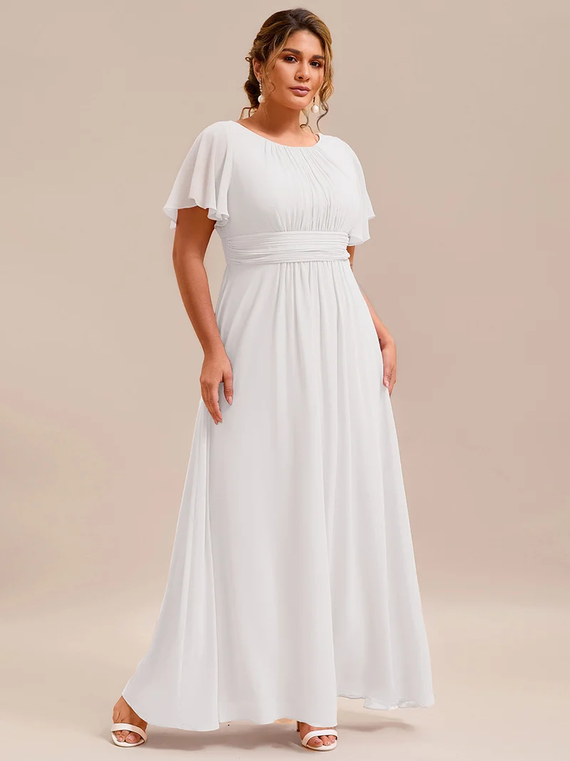 Robe demoiselle d'honneur en mousseline simple plissée de grande taille encolure ronde