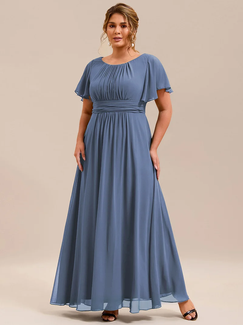 Robe demoiselle d'honneur en mousseline simple plissée de grande taille encolure ronde