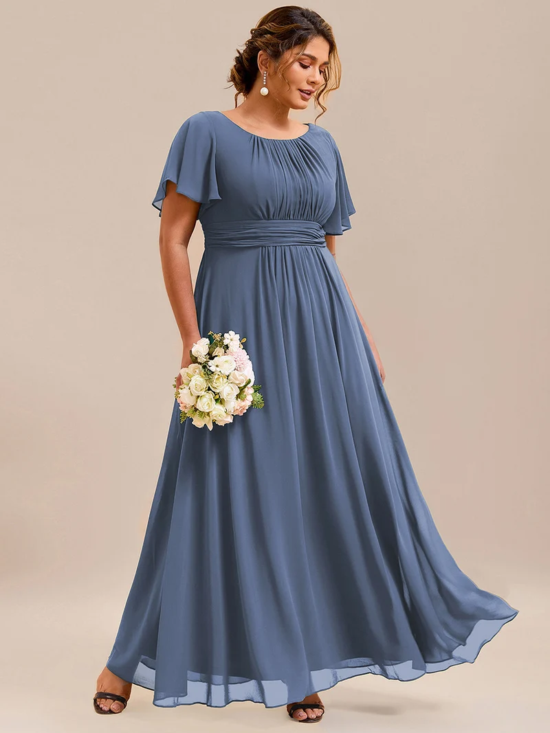 Robe demoiselle d'honneur en mousseline simple plissée de grande taille encolure ronde
