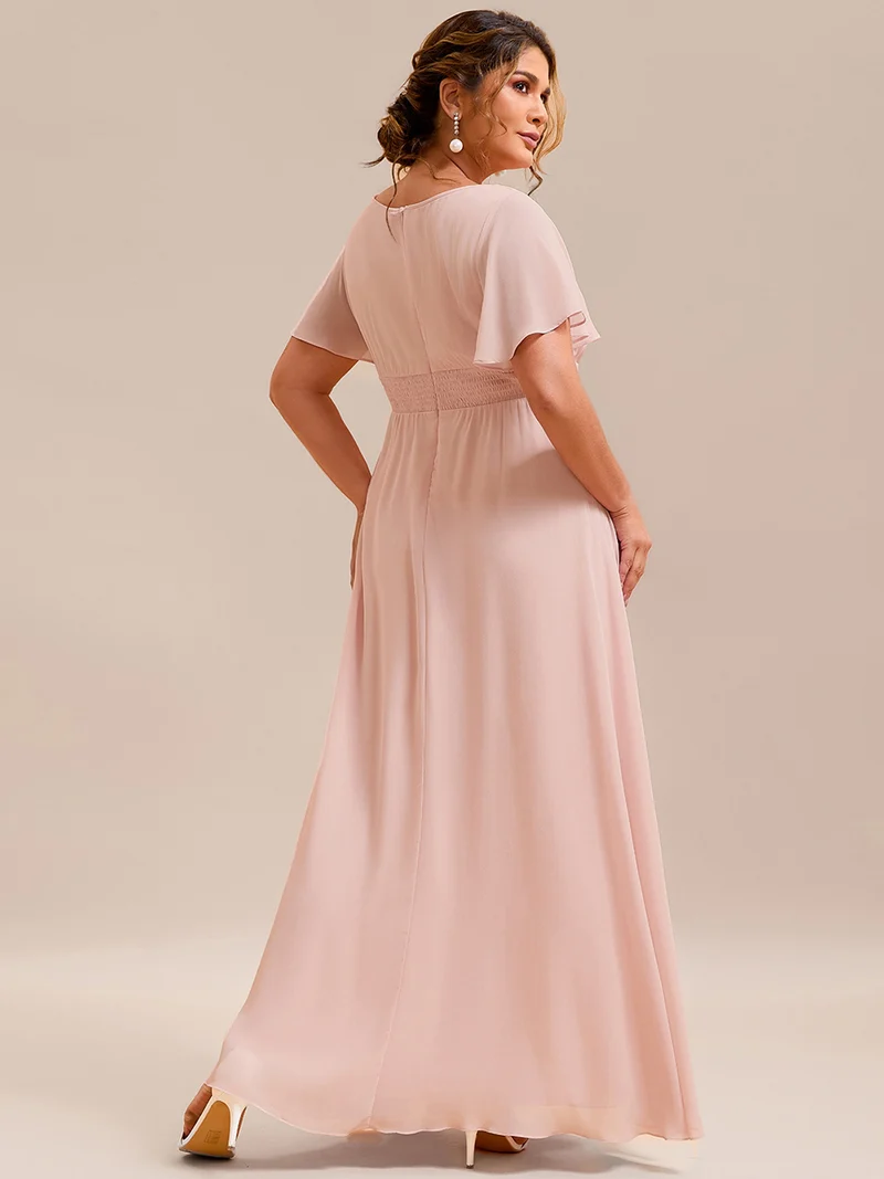Robe demoiselle d'honneur en mousseline simple plissée de grande taille encolure ronde