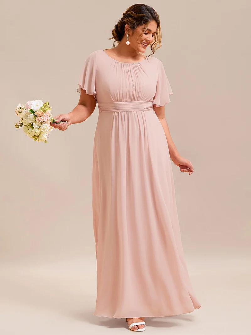 Robe demoiselle d'honneur en mousseline simple plissée de grande taille encolure ronde