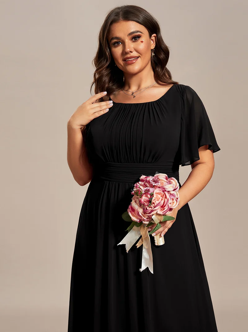 Robe demoiselle d'honneur en mousseline simple plissée de grande taille encolure ronde