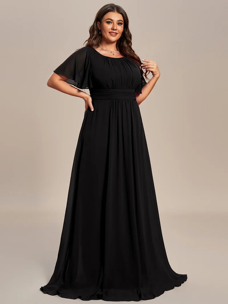 Robe demoiselle d'honneur en mousseline simple plissée de grande taille encolure ronde