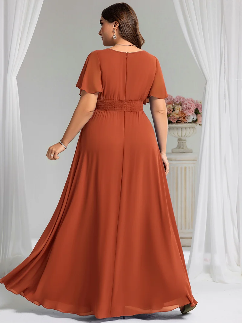 Robe demoiselle d'honneur en mousseline simple plissée de grande taille encolure ronde