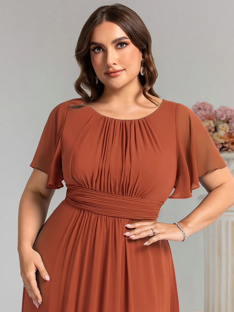 Robe demoiselle d'honneur en mousseline simple plissée de grande taille encolure ronde