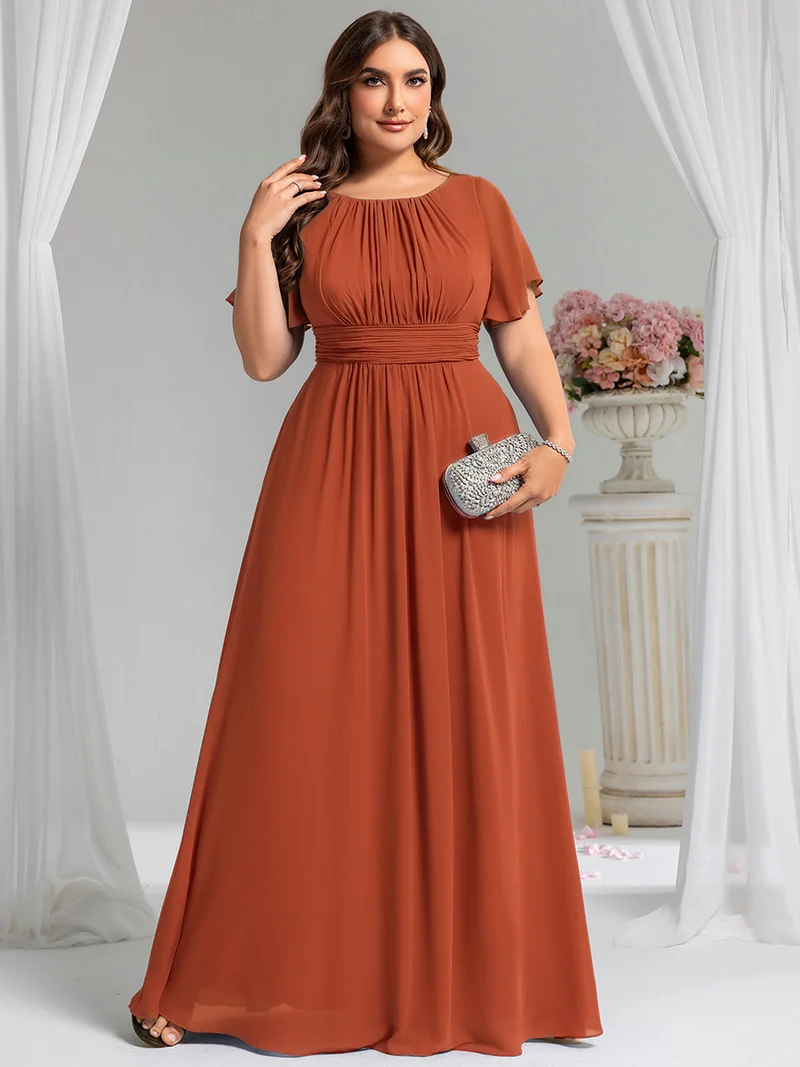 Robe demoiselle d'honneur en mousseline simple plissée de grande taille encolure ronde