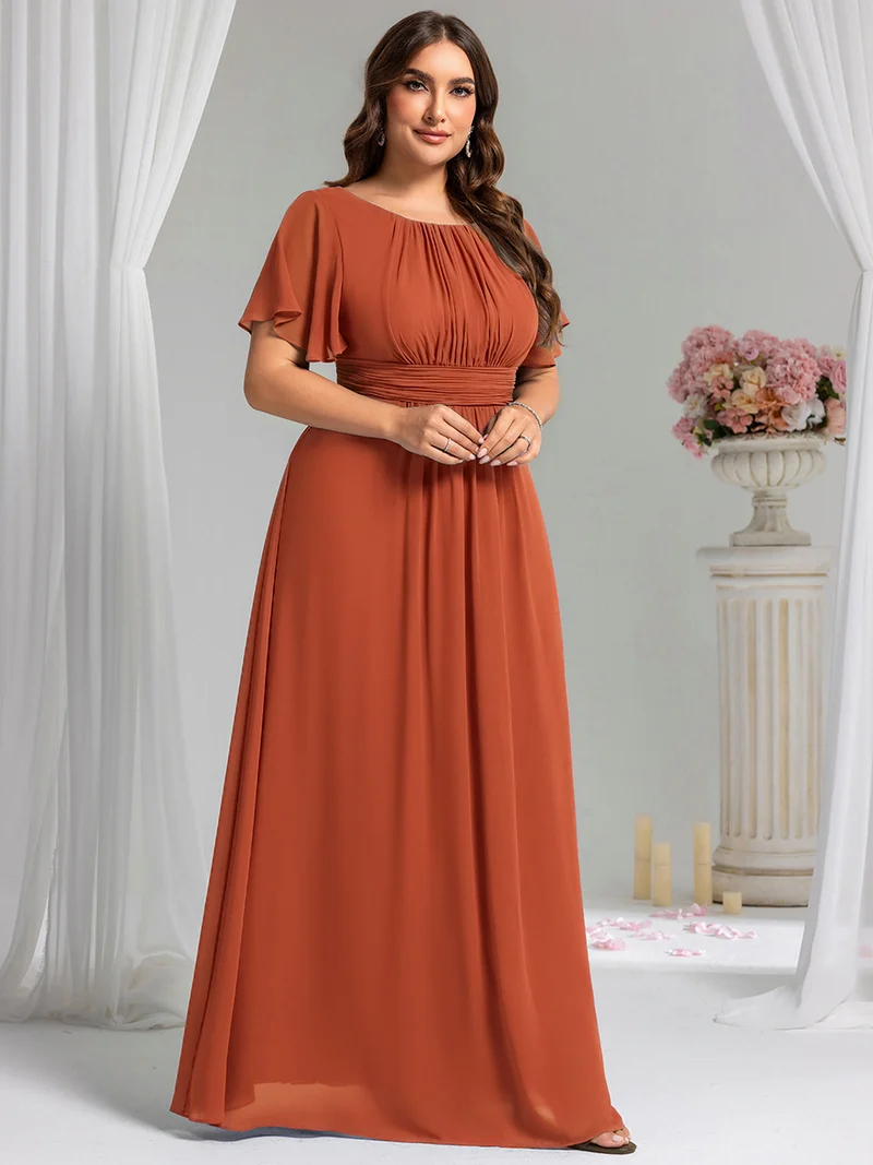 Robe demoiselle d'honneur en mousseline simple plissée de grande taille encolure ronde