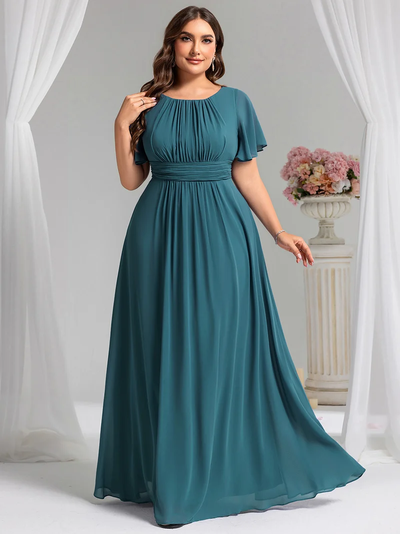 Robe demoiselle d'honneur en mousseline simple plissée de grande taille encolure ronde