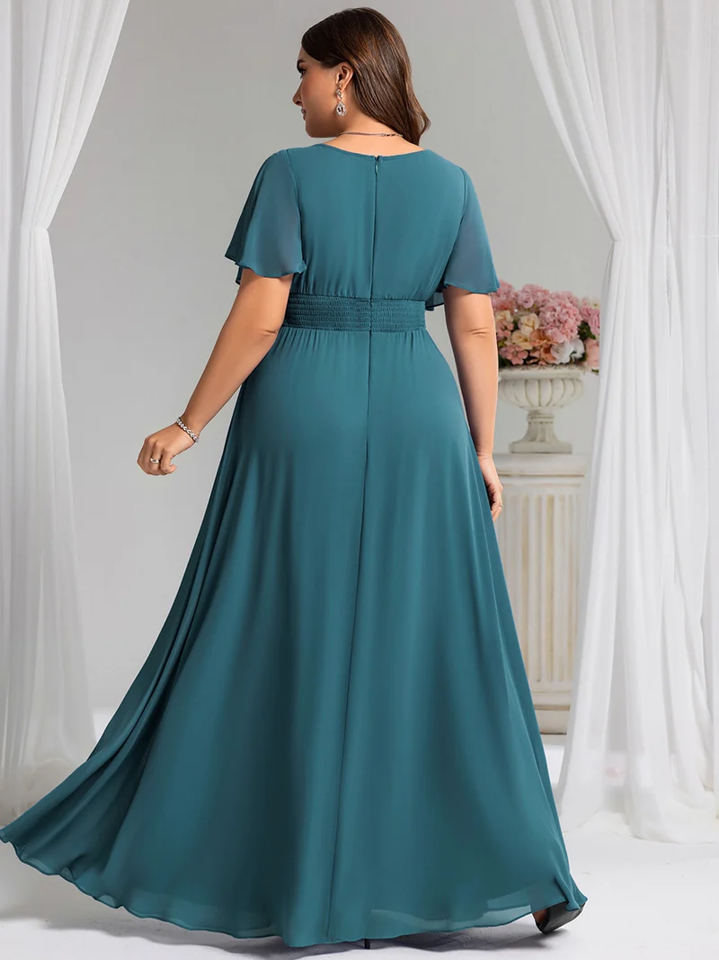 Robe demoiselle d'honneur en mousseline simple plissée de grande taille encolure ronde