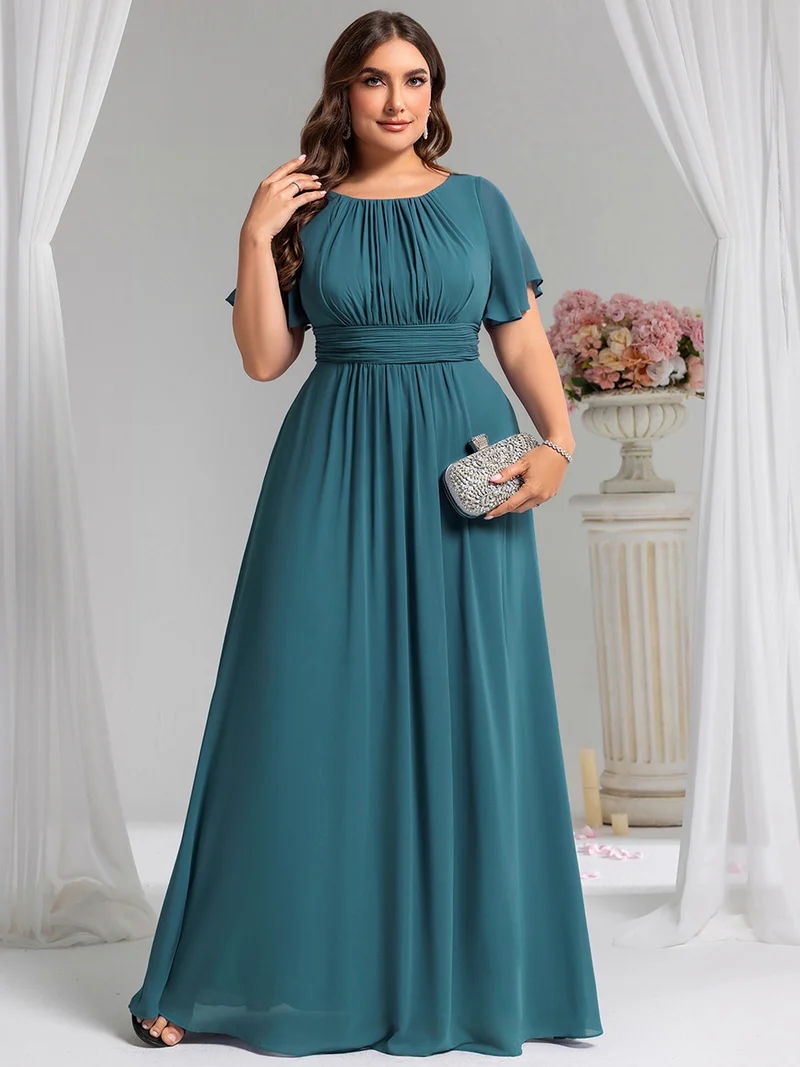 Robe demoiselle d'honneur en mousseline simple plissée de grande taille encolure ronde