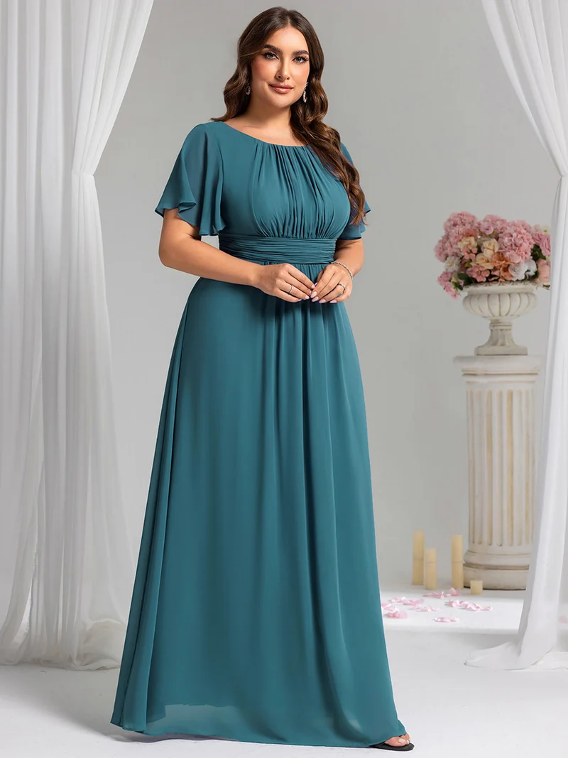 Robe demoiselle d'honneur en mousseline simple plissée de grande taille encolure ronde