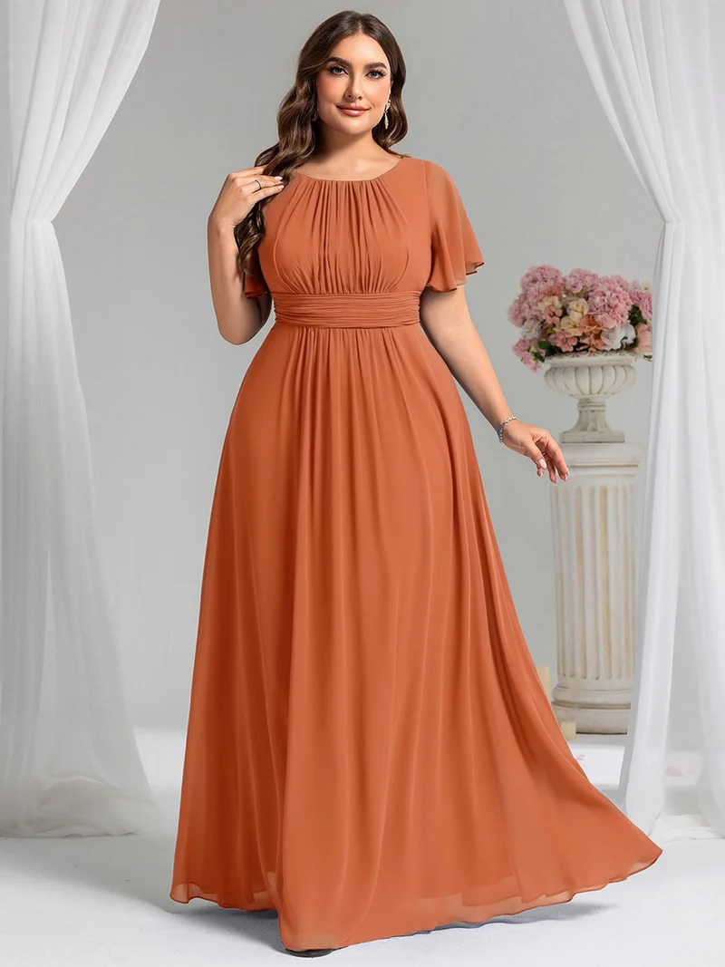 Robe demoiselle d'honneur en mousseline simple plissée de grande taille encolure ronde
