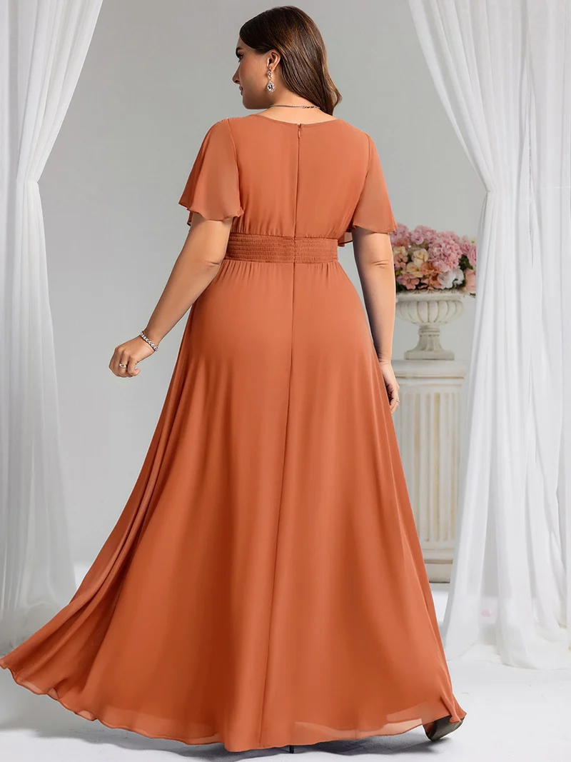 Robe demoiselle d'honneur en mousseline simple plissée de grande taille encolure ronde