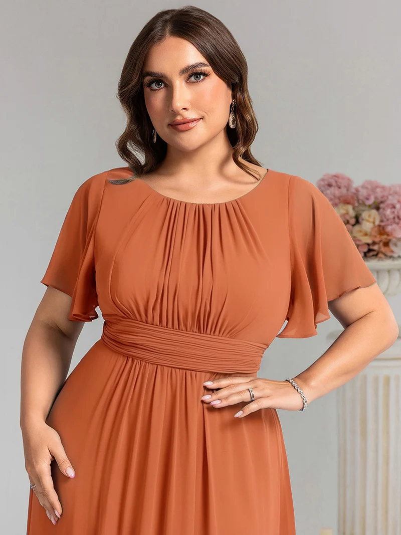 Robe demoiselle d'honneur en mousseline simple plissée de grande taille encolure ronde