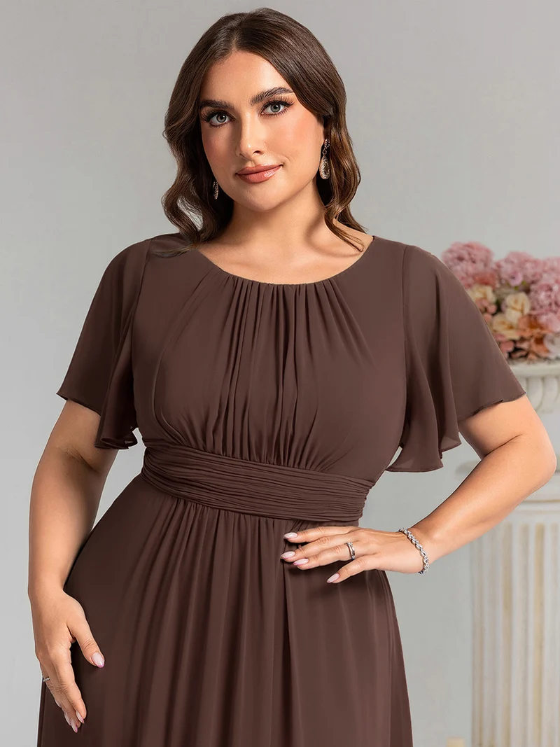 Robe demoiselle d'honneur en mousseline simple plissée de grande taille encolure ronde