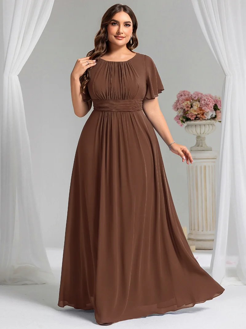 Robe demoiselle d'honneur en mousseline simple plissée de grande taille encolure ronde
