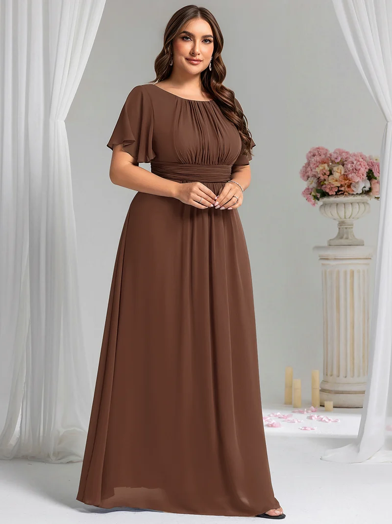 Robe demoiselle d'honneur en mousseline simple plissée de grande taille encolure ronde