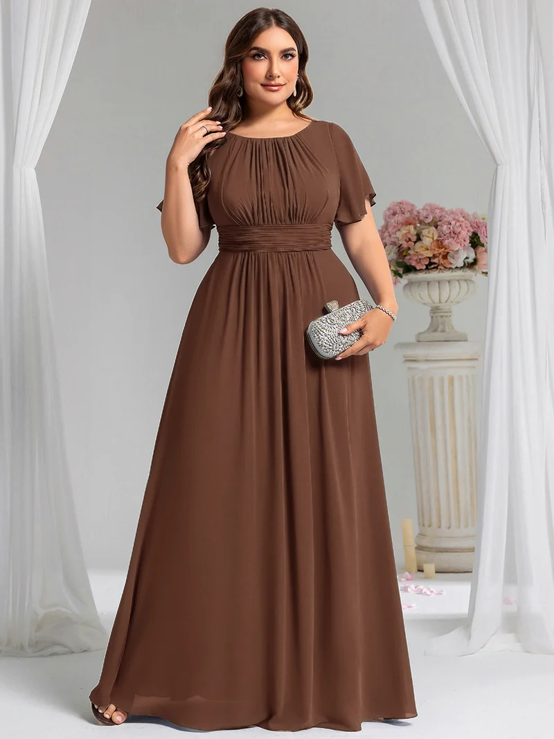 Robe demoiselle d'honneur en mousseline simple plissée de grande taille encolure ronde