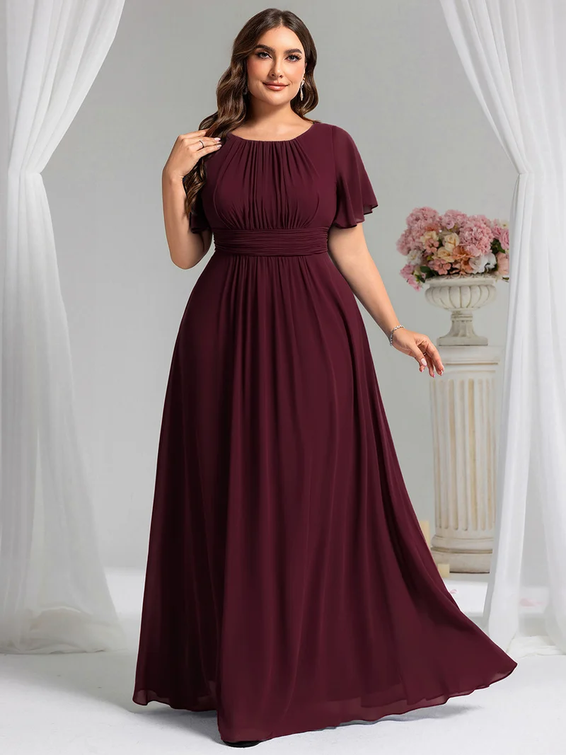 Robe demoiselle d'honneur en mousseline simple plissée de grande taille encolure ronde