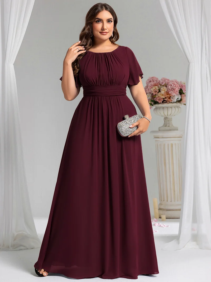 Robe demoiselle d'honneur en mousseline simple plissée de grande taille encolure ronde