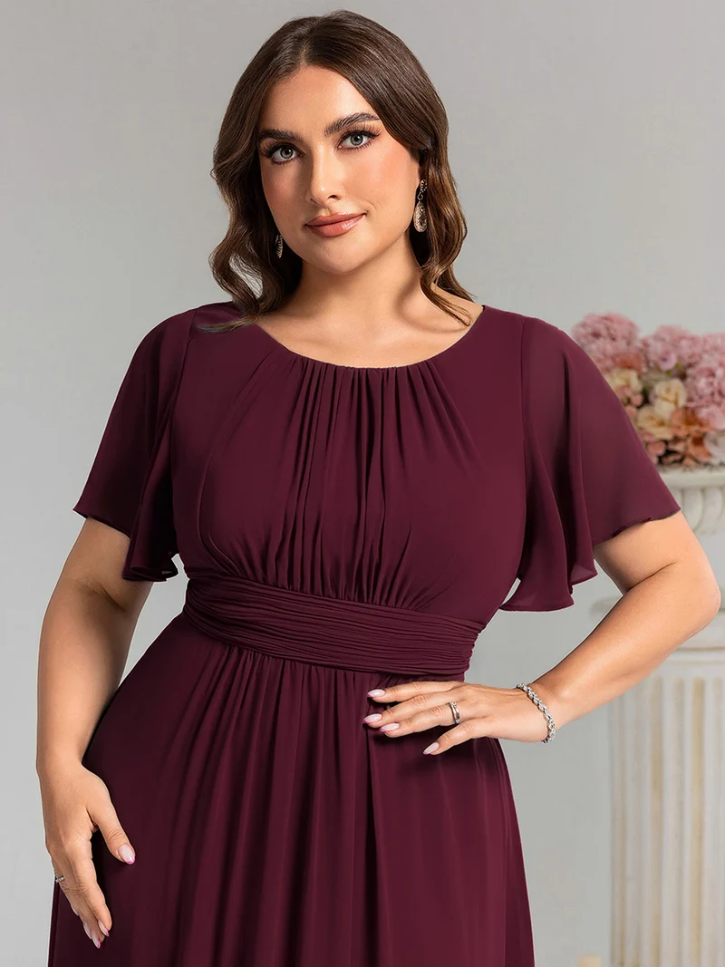 Robe demoiselle d'honneur en mousseline simple plissée de grande taille encolure ronde