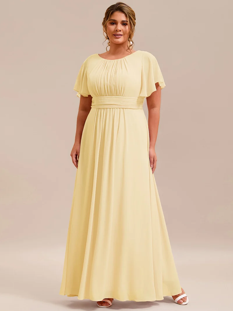 Robe demoiselle d'honneur en mousseline simple plissée de grande taille encolure ronde