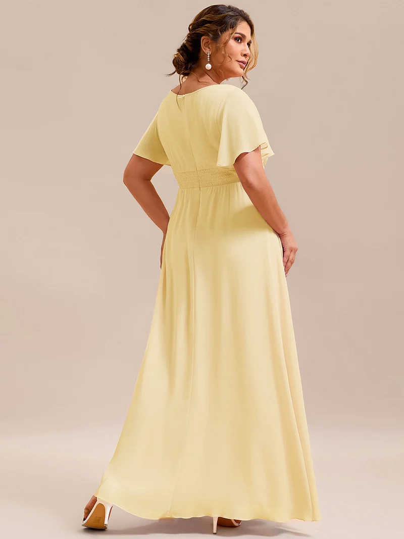 Robe demoiselle d'honneur en mousseline simple plissée de grande taille encolure ronde