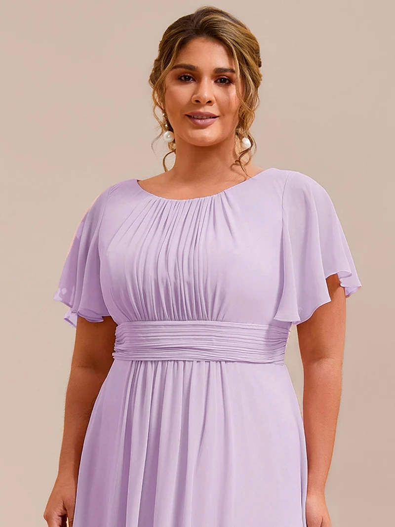 Robe demoiselle d'honneur en mousseline simple plissée de grande taille encolure ronde