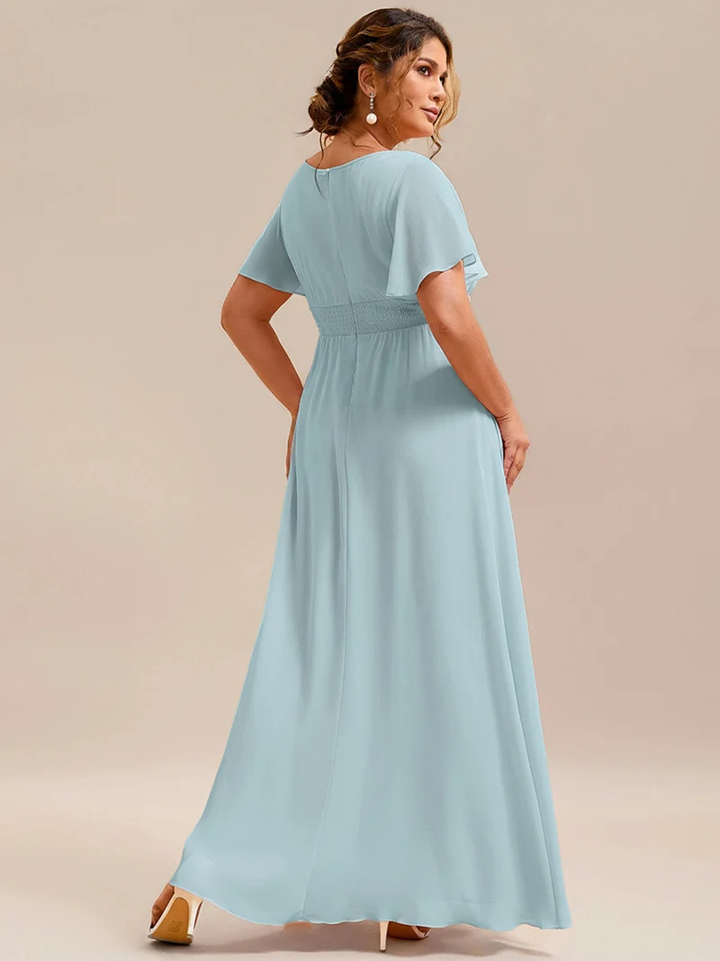 Robe demoiselle d'honneur en mousseline simple plissée de grande taille encolure ronde