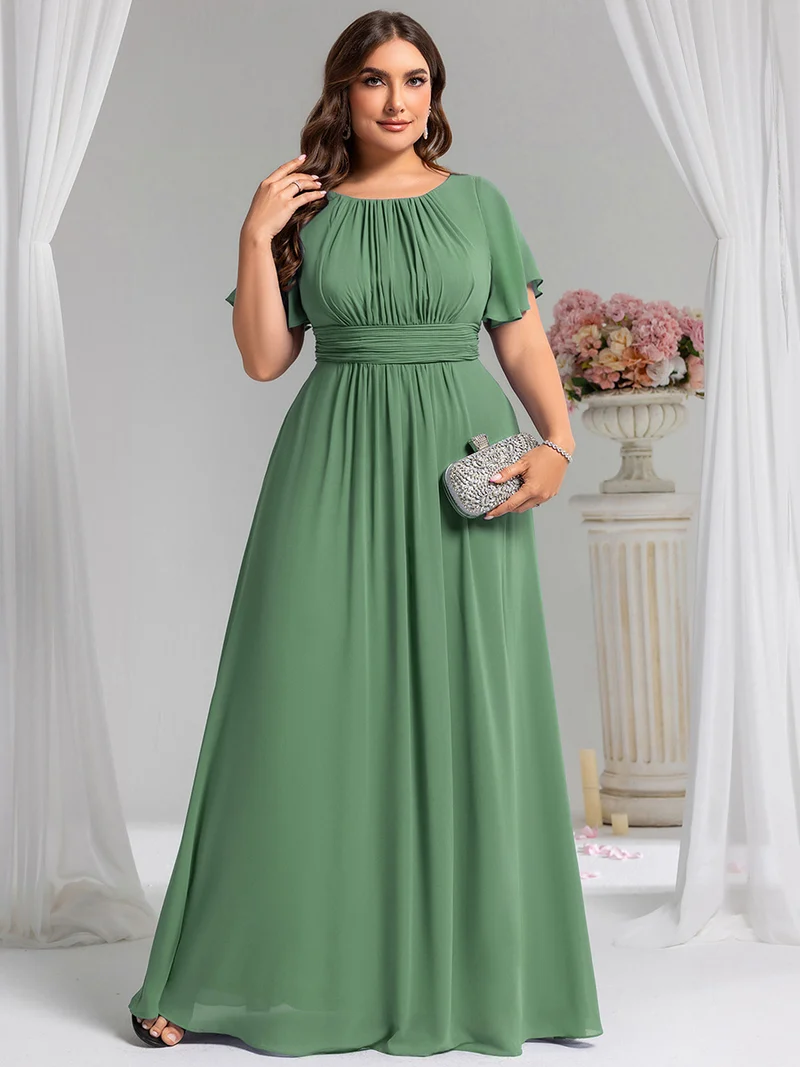 Robe demoiselle d'honneur en mousseline simple plissée de grande taille encolure ronde