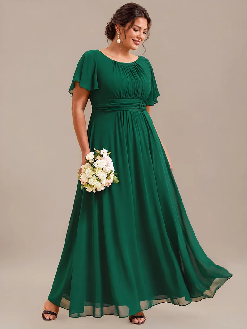 Robe de demoiselle d'honneur trapèze plissée en mousseline de soie simple, encolure ronde