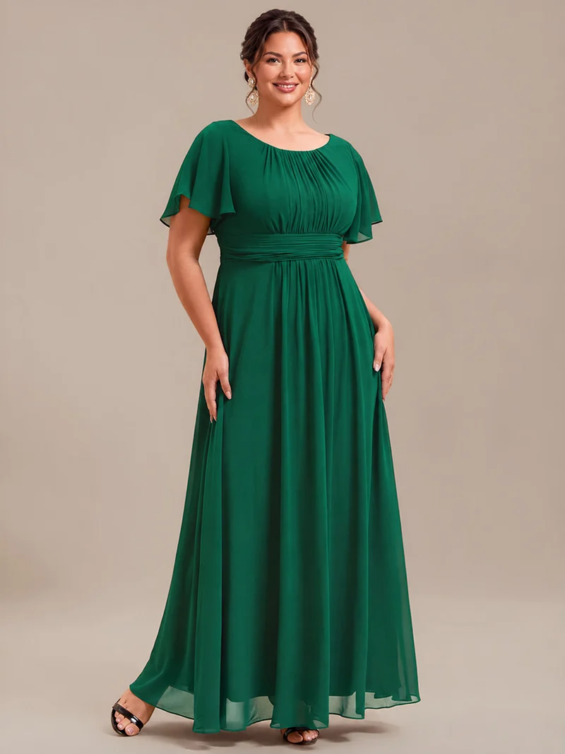 Robe de demoiselle d'honneur trapèze plissée en mousseline de soie simple, encolure ronde
