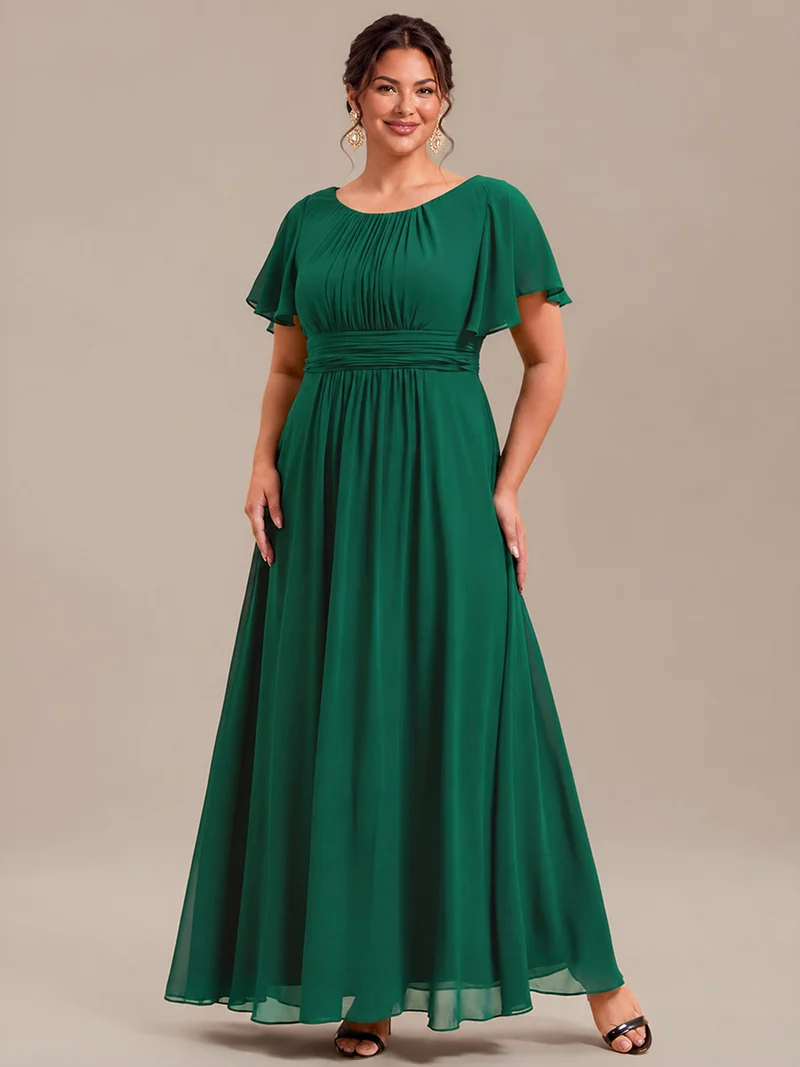 Robe de demoiselle d'honneur trapèze plissée en mousseline de soie simple, encolure ronde