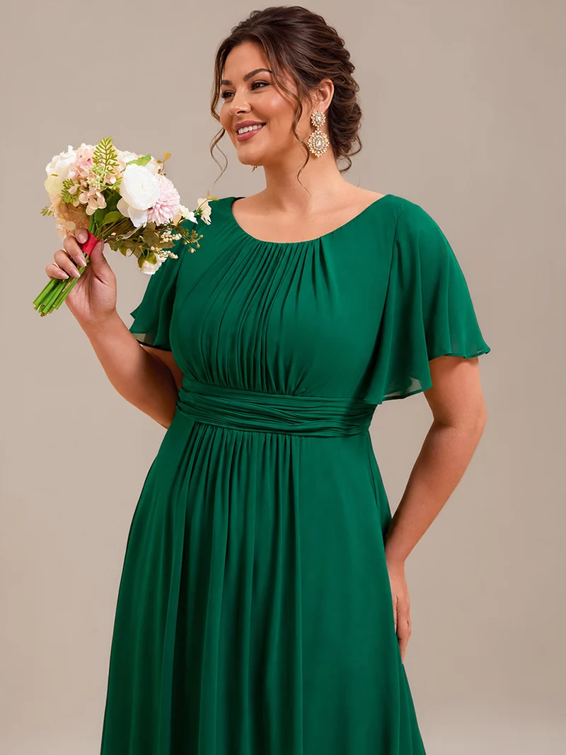 Robe de demoiselle d'honneur trapèze plissée en mousseline de soie simple, encolure ronde
