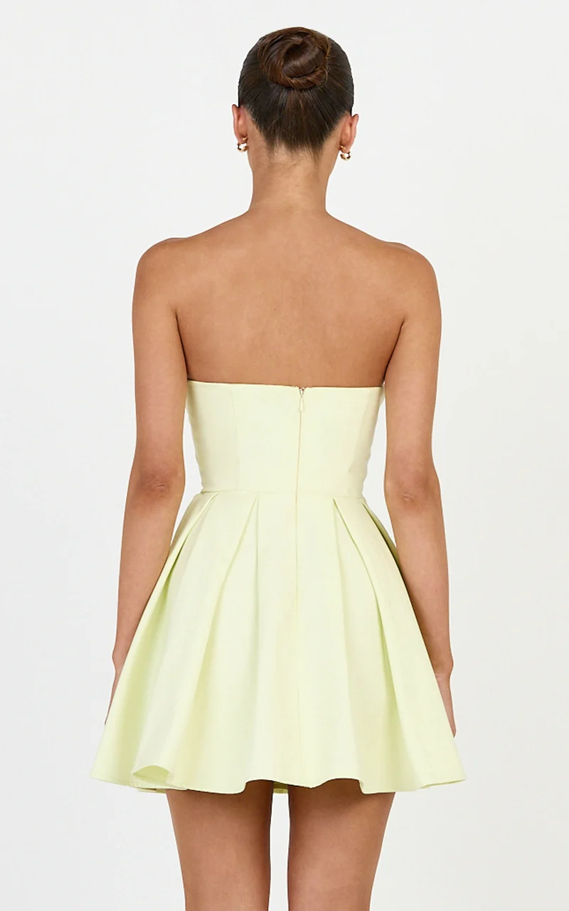 Avery Mini Dress - Strapless Fitted Bodice Full Pleated Skirt Dress in Yellow