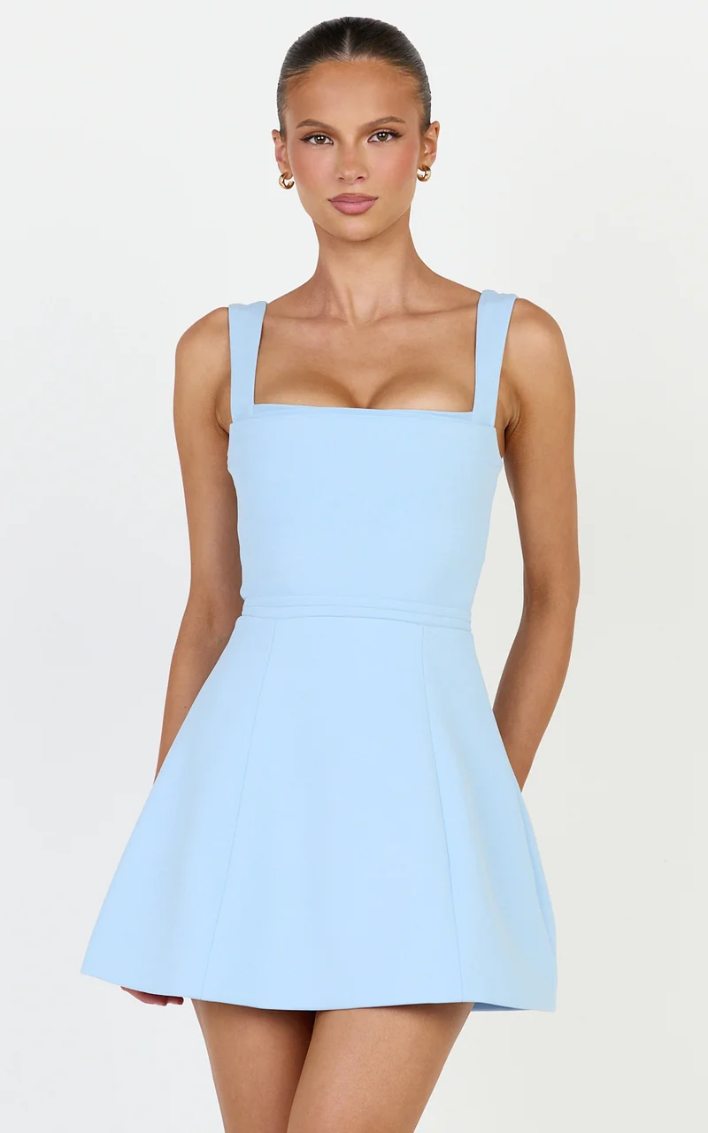Donna Mini Dress - Square Neck Pin Tucked Waist Tulip Skirt Dress in Light Blue