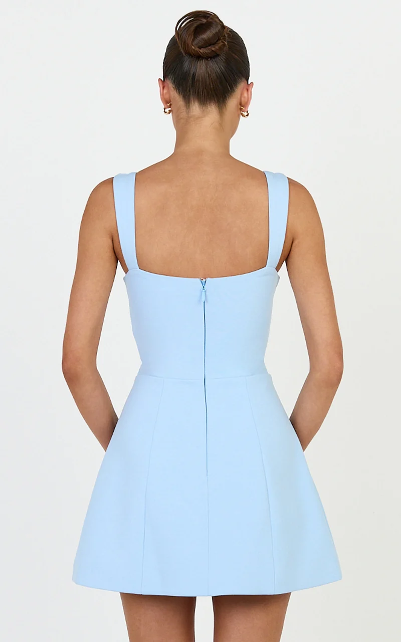 Donna Mini Dress - Square Neck Pin Tucked Waist Tulip Skirt Dress in Light Blue
