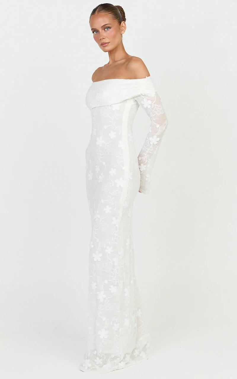 Aurelle Maxi Dress - Off Shoulder Floral Embroidered Dress in Ivory