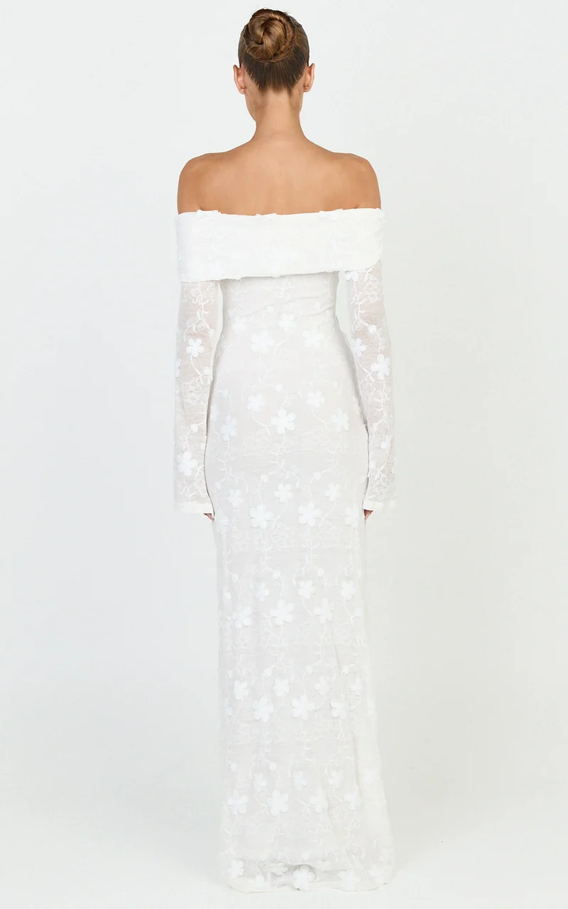 Aurelle Maxi Dress - Off Shoulder Floral Embroidered Dress in Ivory