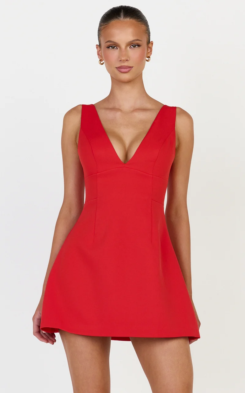 Karissa Mini Dress - V Neck Fit And Flare Dress in Red