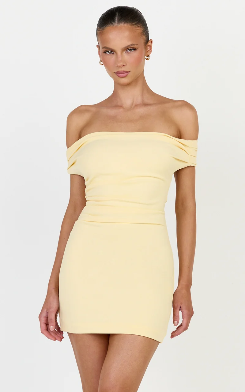 Lena Mini Dress - Off Shoulder Bodycon Dress in Lemon