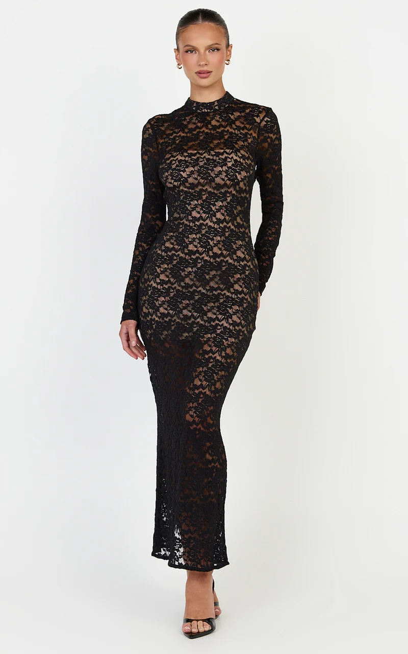 Emma Midi Dress - Long Sleeve Open Back Fitted Dress in Black
