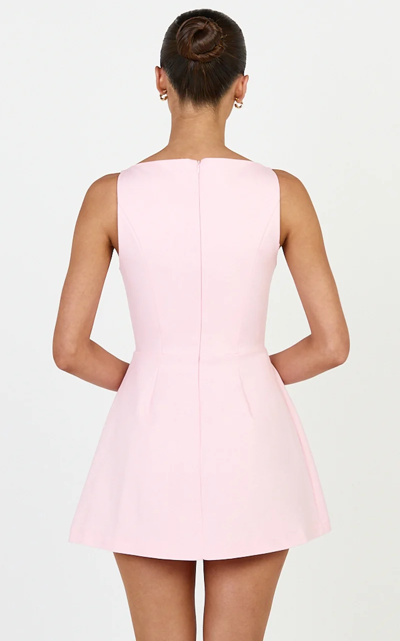 Eloise Playsuit - Straight Neck Fit And Flare Playsuit in Pink