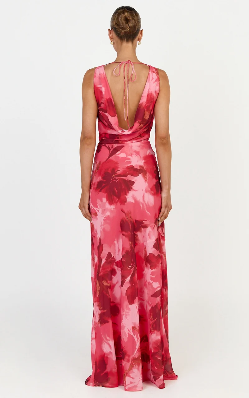 Maila Maxi Dress - Draped Cowl Neckline Dress in Maila Red Floral Print