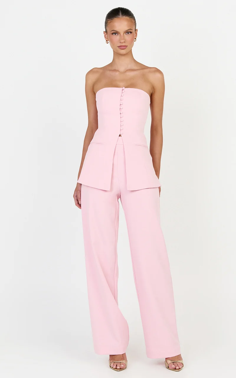 Amelia Two Piece Top and Pant Set - Strapless Button Down Top And Tailored Wide Leg Pants Set in Pink