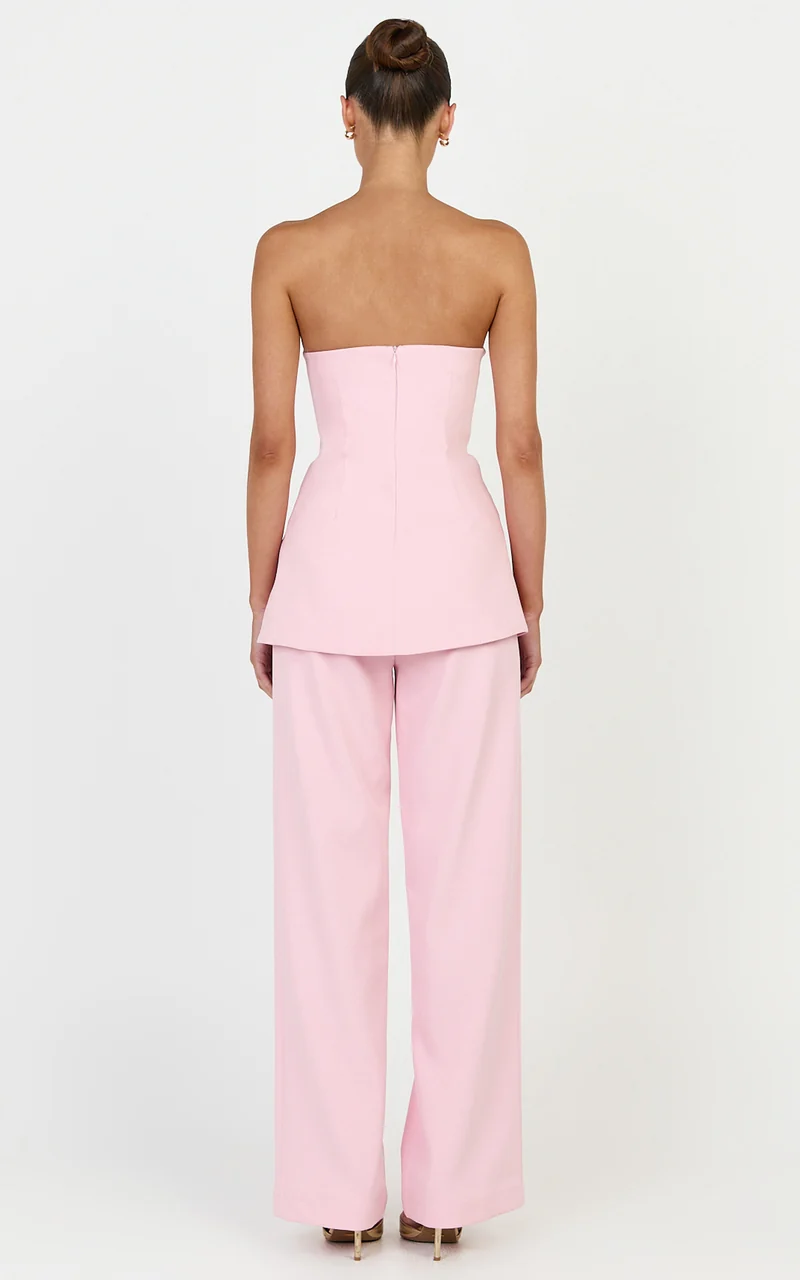 Amelia Two Piece Top and Pant Set - Strapless Button Down Top And Tailored Wide Leg Pants Set in Pink